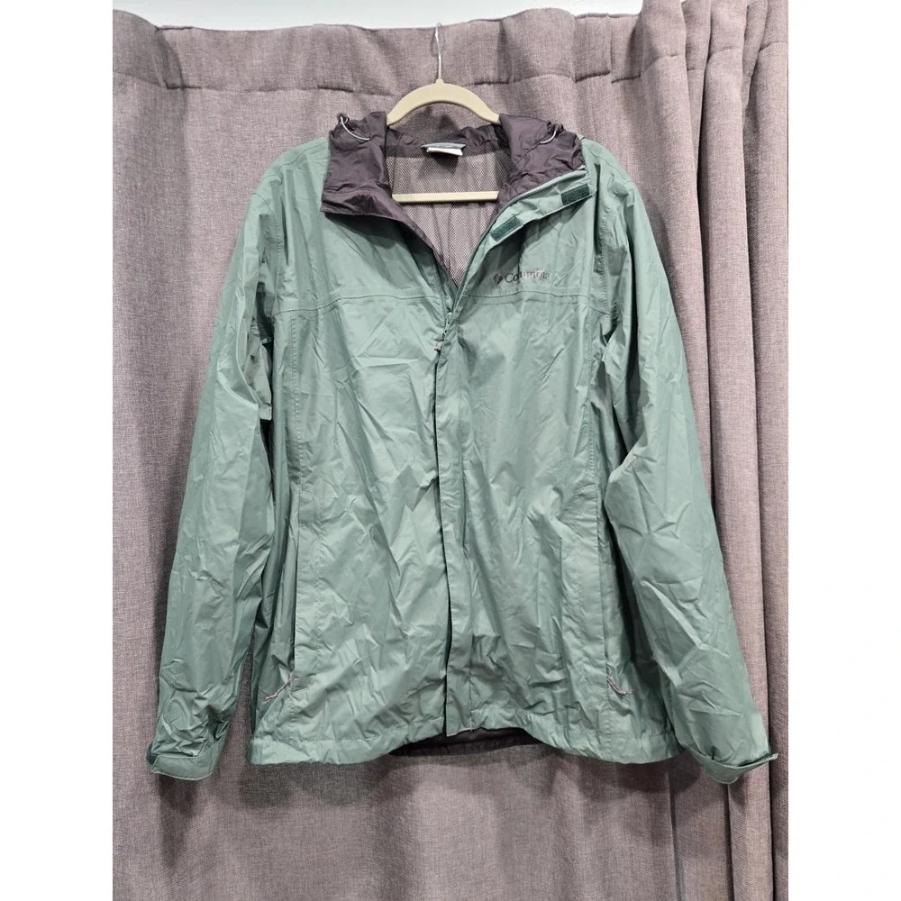 Columbia Womens Large Hooded Rain Jacket Green Waterproof Lightweight Mesh Lined